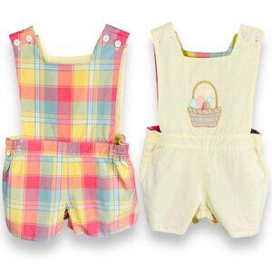 Dondolo Plaid + Spring Easter Basket Appliqué Shortalls Romper Outfit 12m / 18m